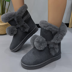 Women's Pompom Thermal Snow Boots Non Slip Flat Snow Shoes