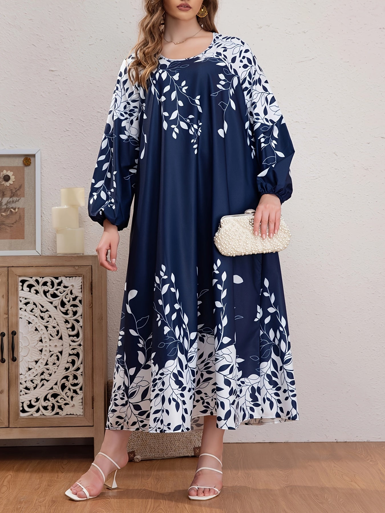  Colorblock Floral Print Lantern Sleeve Maxi Dress