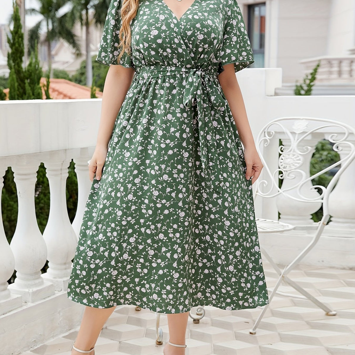  Ditsy Print Short Sleeve Surplice Neck Dress With Belt