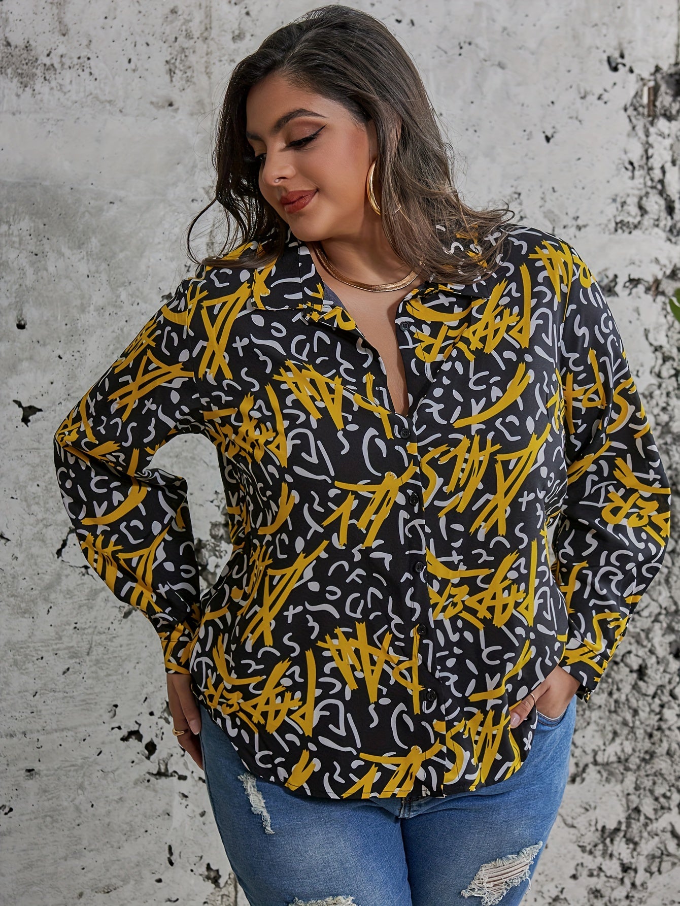  Graffiti Print Button Up Long Sleeve Blouse