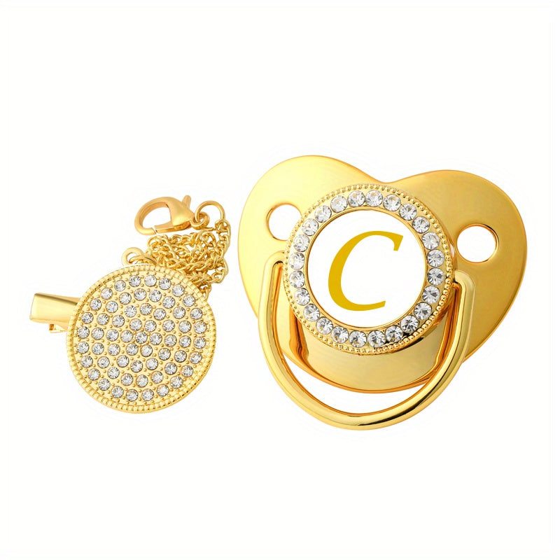 Initials Bling Pacifier Rhinestone Soother Dummy With Metal Clip
