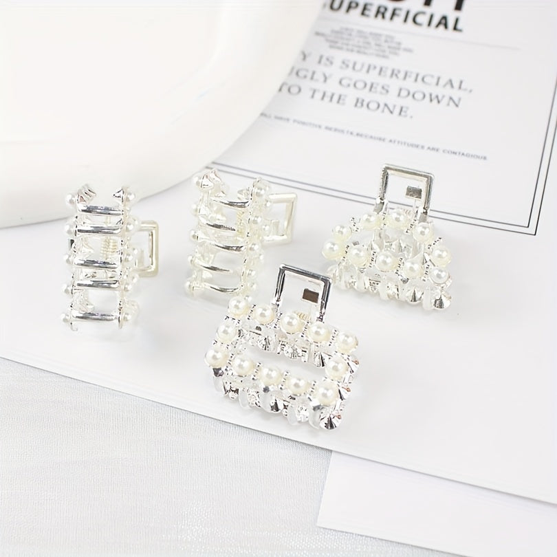 4pcs Silvery Mini Hair Claw with Faux Pearl Ponytail Holder
