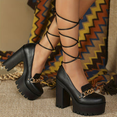 Metal Chain Decor Heels Lace Up Platform Pumps Women's Shoes