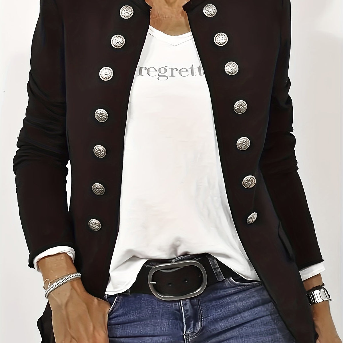 Solid Stand Collar Button Front Blazer for Women