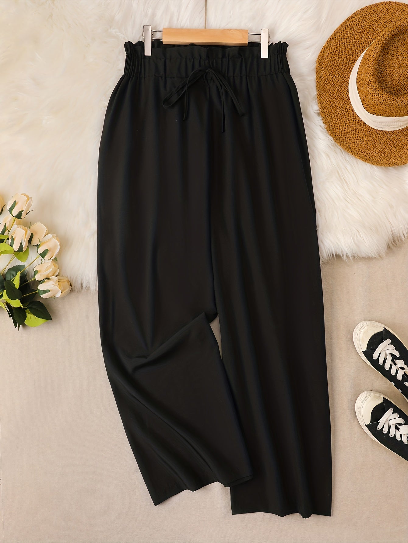 Women's Wide Leg Loose Trousers Elastic Waist