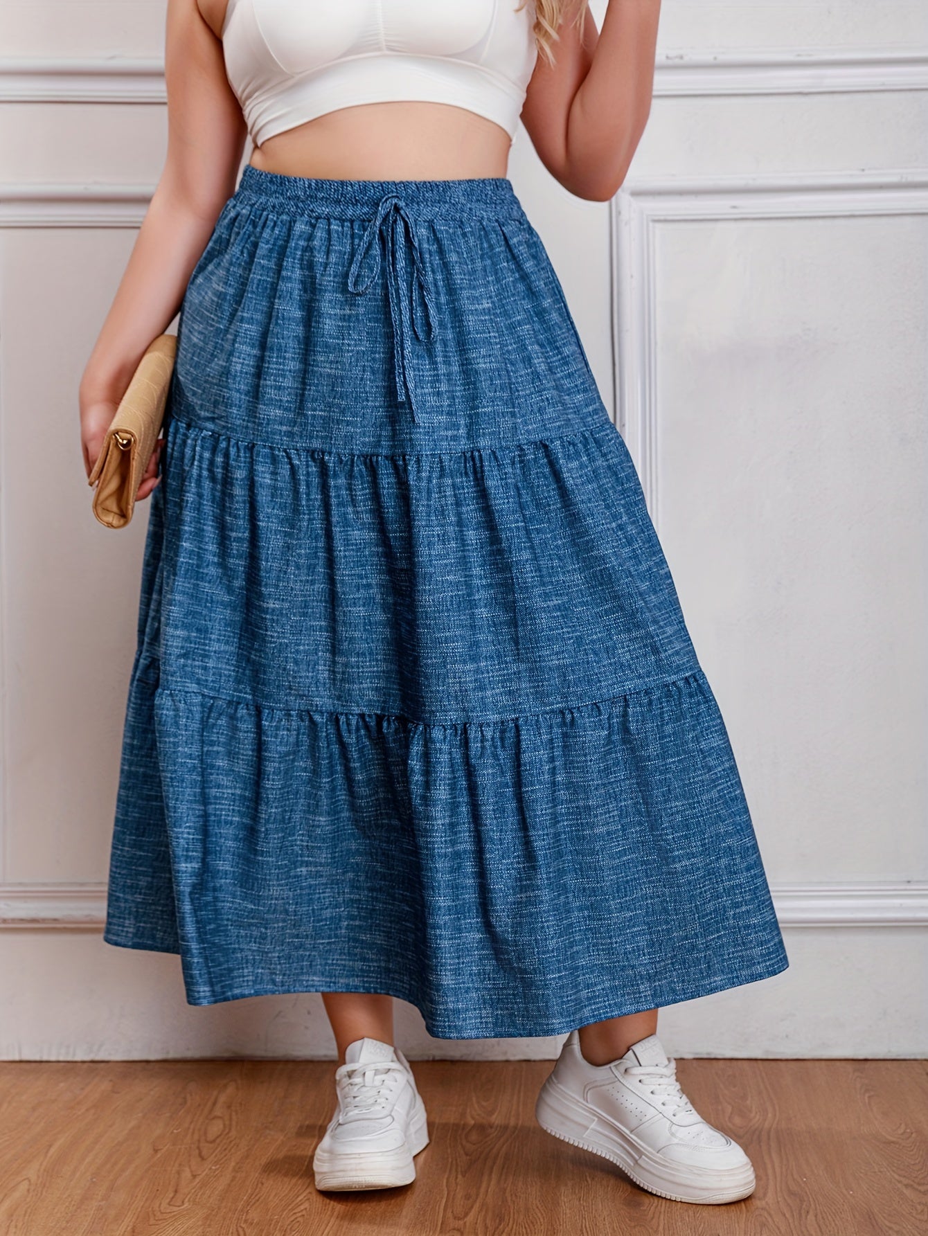  Denim Print Drawstring Elastic High Rise Maxi Skirt