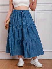  Denim Print Drawstring Elastic High Rise Maxi Skirt