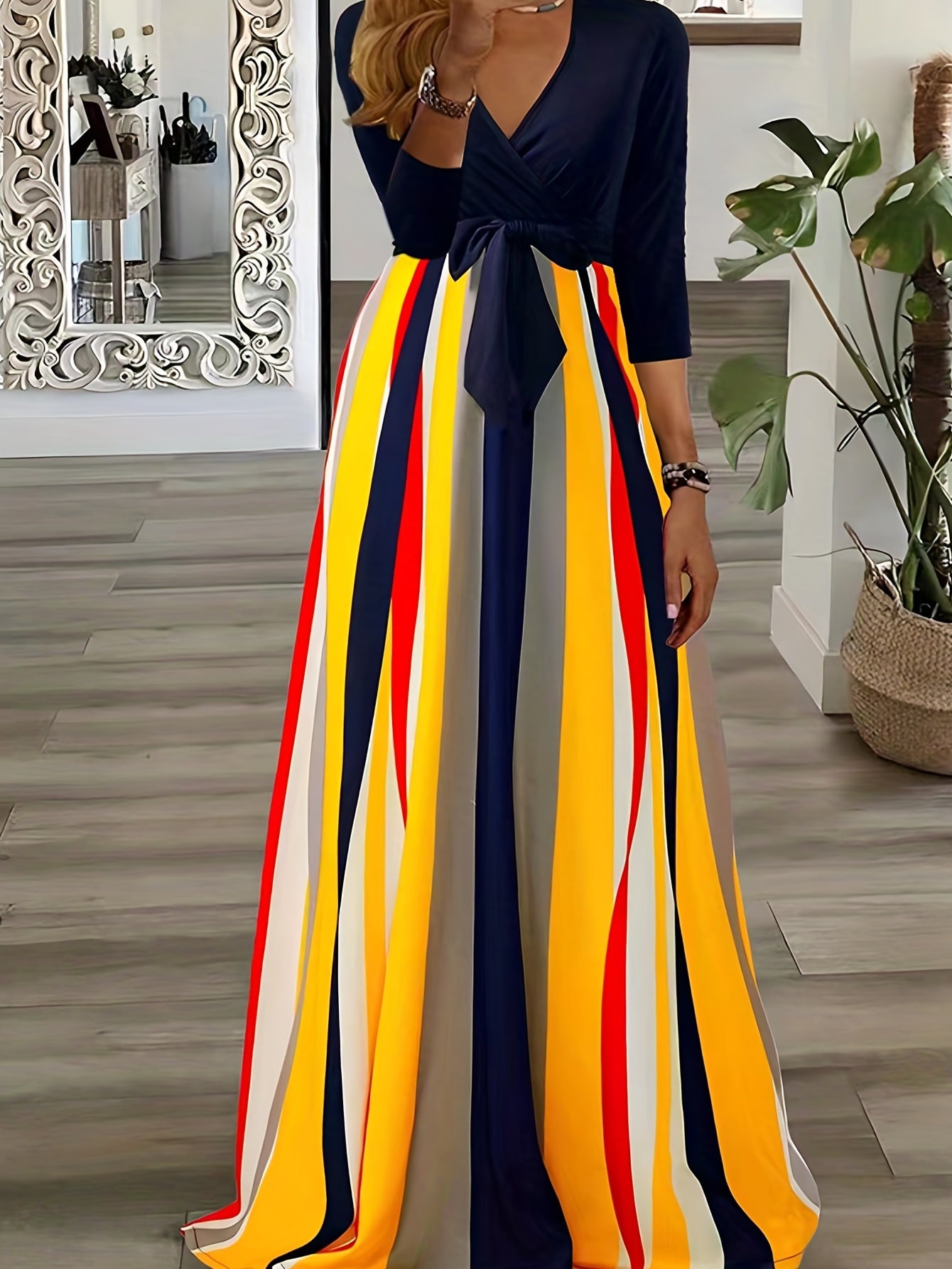  Colorful Striped Short Sleeve Maxi Dress