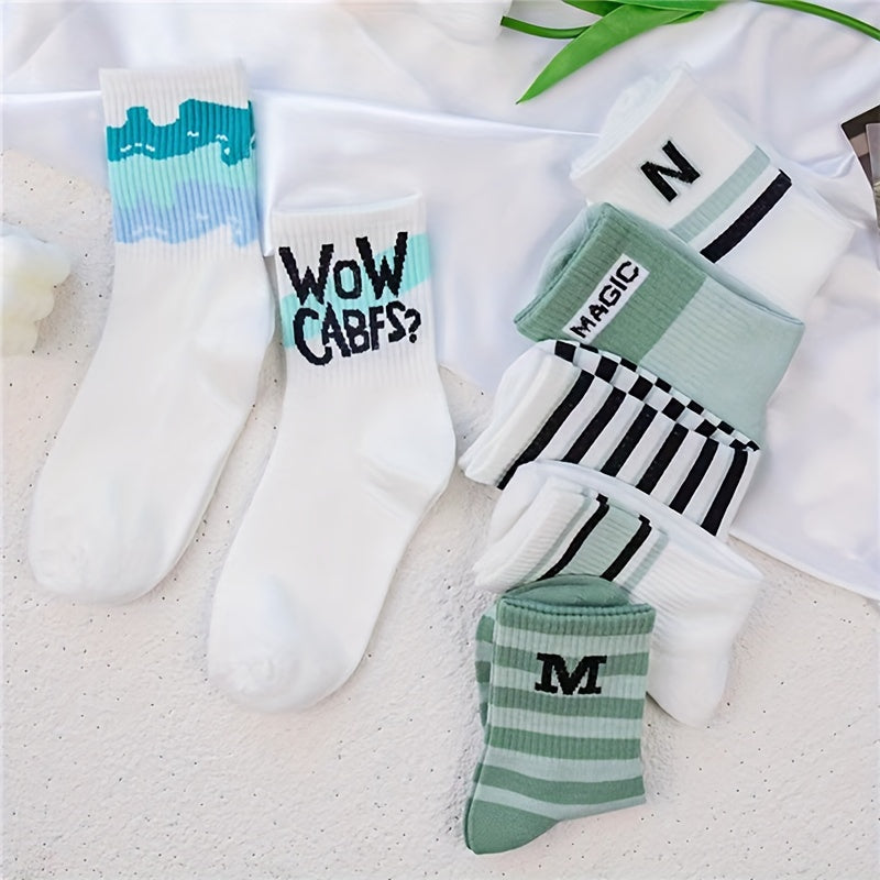 Letter & Stripe Print Socks Women's Mid Tube Stockings