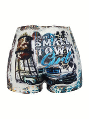 Letter & Car Graphic Print Skinny Shorts Casual Shorts