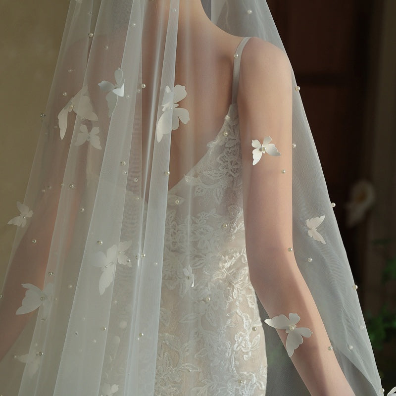Butterfly Style Bridal Veil with Floral Embellishments Floor Length Wedding Veil
