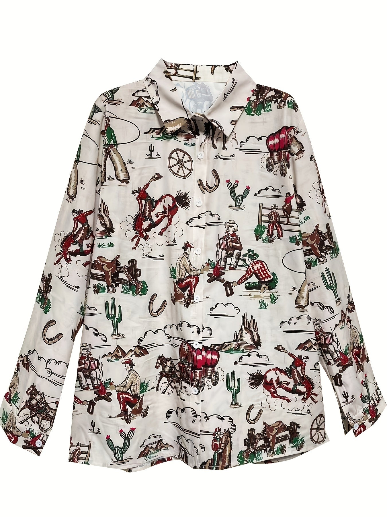  Western Style Blouse Women's Plus Cowboy Print Button Up Blouse
