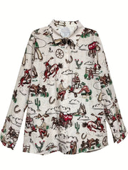  Western Style Blouse Women's Plus Cowboy Print Button Up Blouse