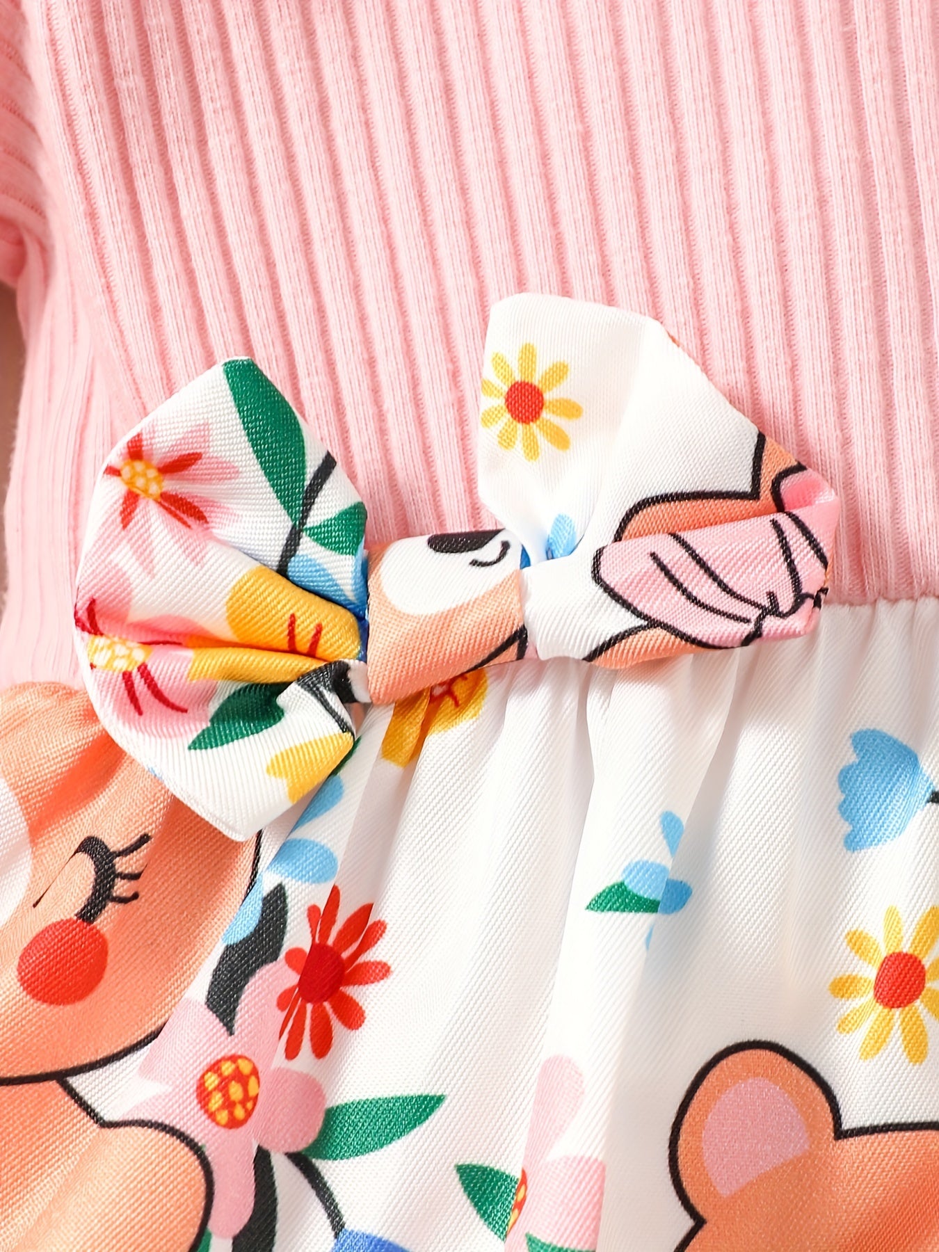 Bear Print Long Sleeve Flutter Sleeve Top Stitching Dress Baby