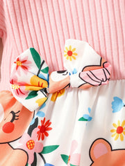 Bear Print Long Sleeve Flutter Sleeve Top Stitching Dress Baby