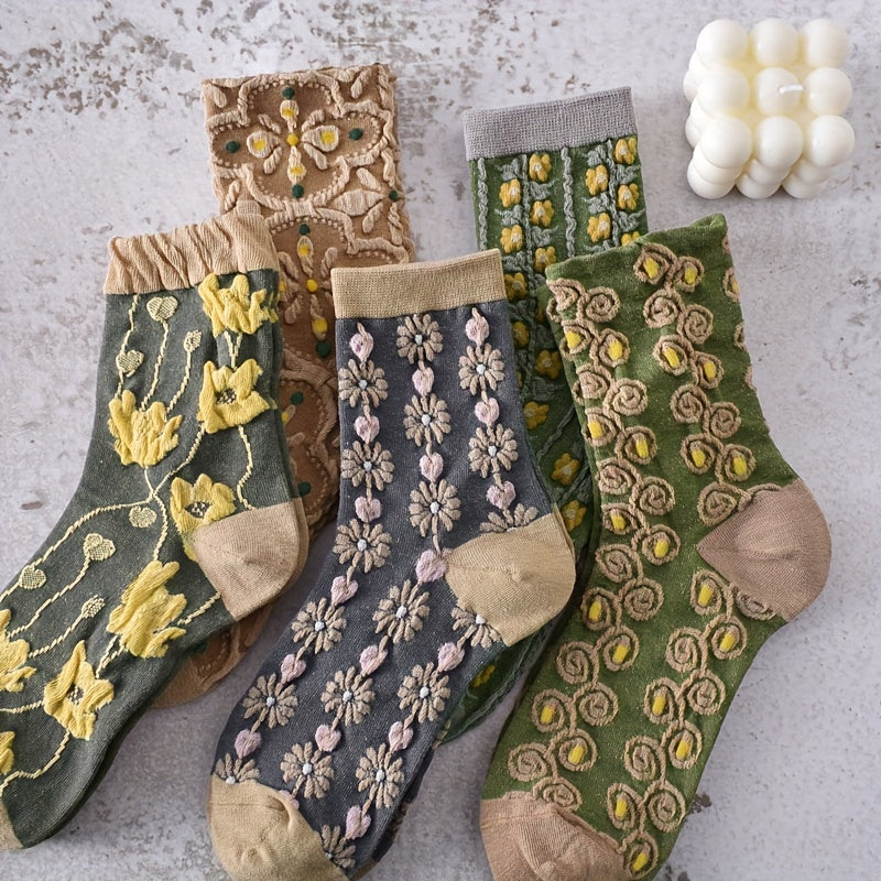 5 Pairs 3D Floral Textured Comfy Mid Tube Socks Women's Stockings