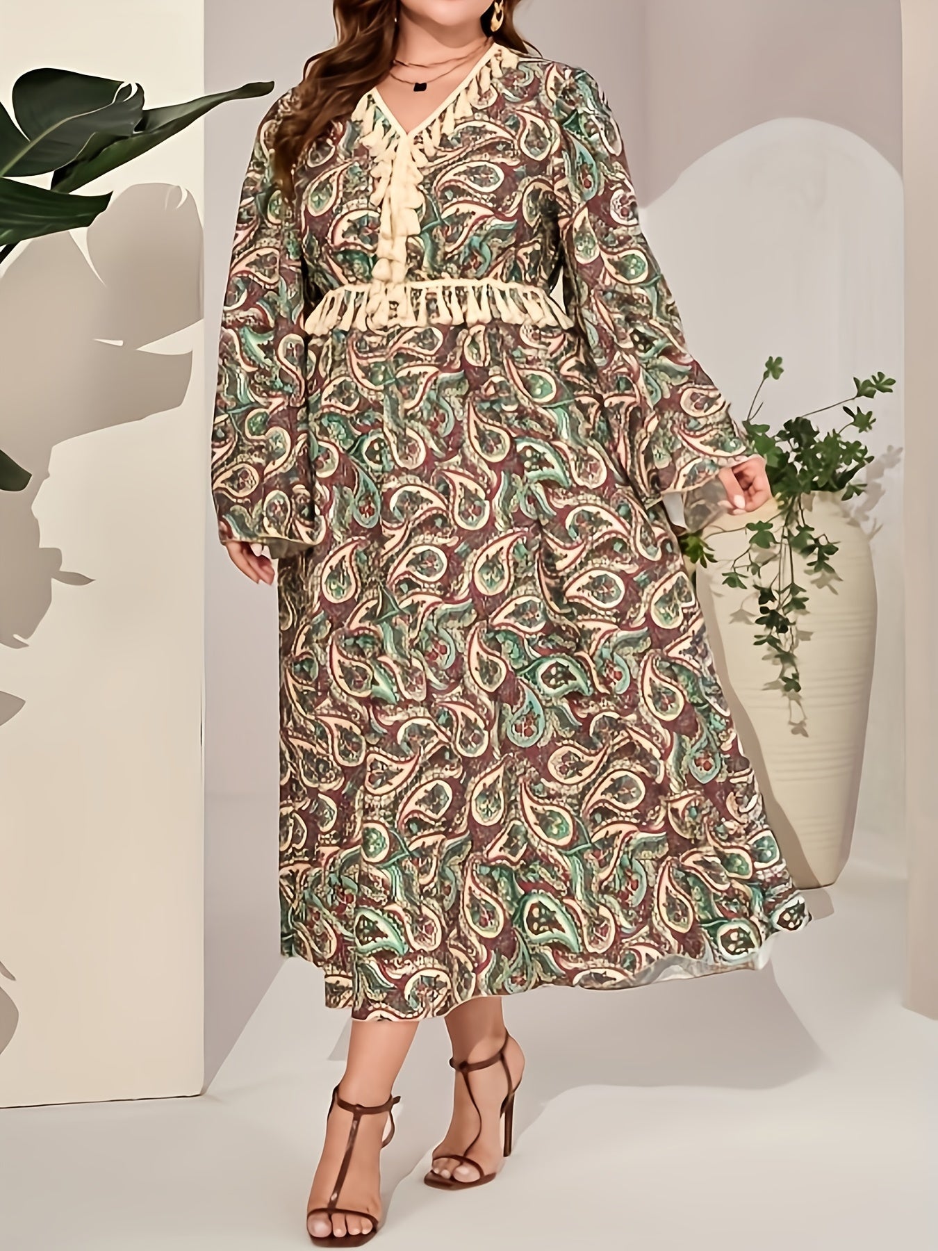  Abaya Dress Women's Plus Paisley Floral Print Tassel Bell Sleeve V Nec