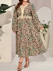  Abaya Dress Women's Plus Paisley Floral Print Tassel Bell Sleeve V Nec