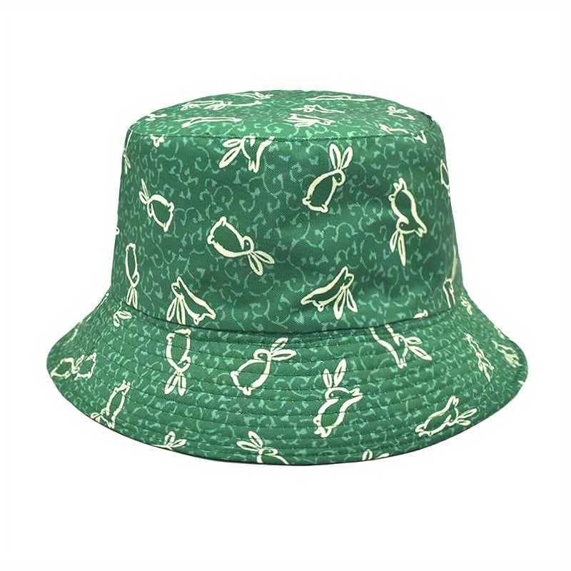 Green Rabbit Print Reversible Sunscreen Basin Hat Casual Fisherman Cap