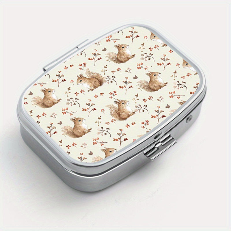 Squirrel Print Pill Organizer Metal Case Compact for Travel & Outdoor
