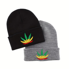 Leaf Embroidery Beanie Unisex Solid Knit Hat Warm Skull Cap