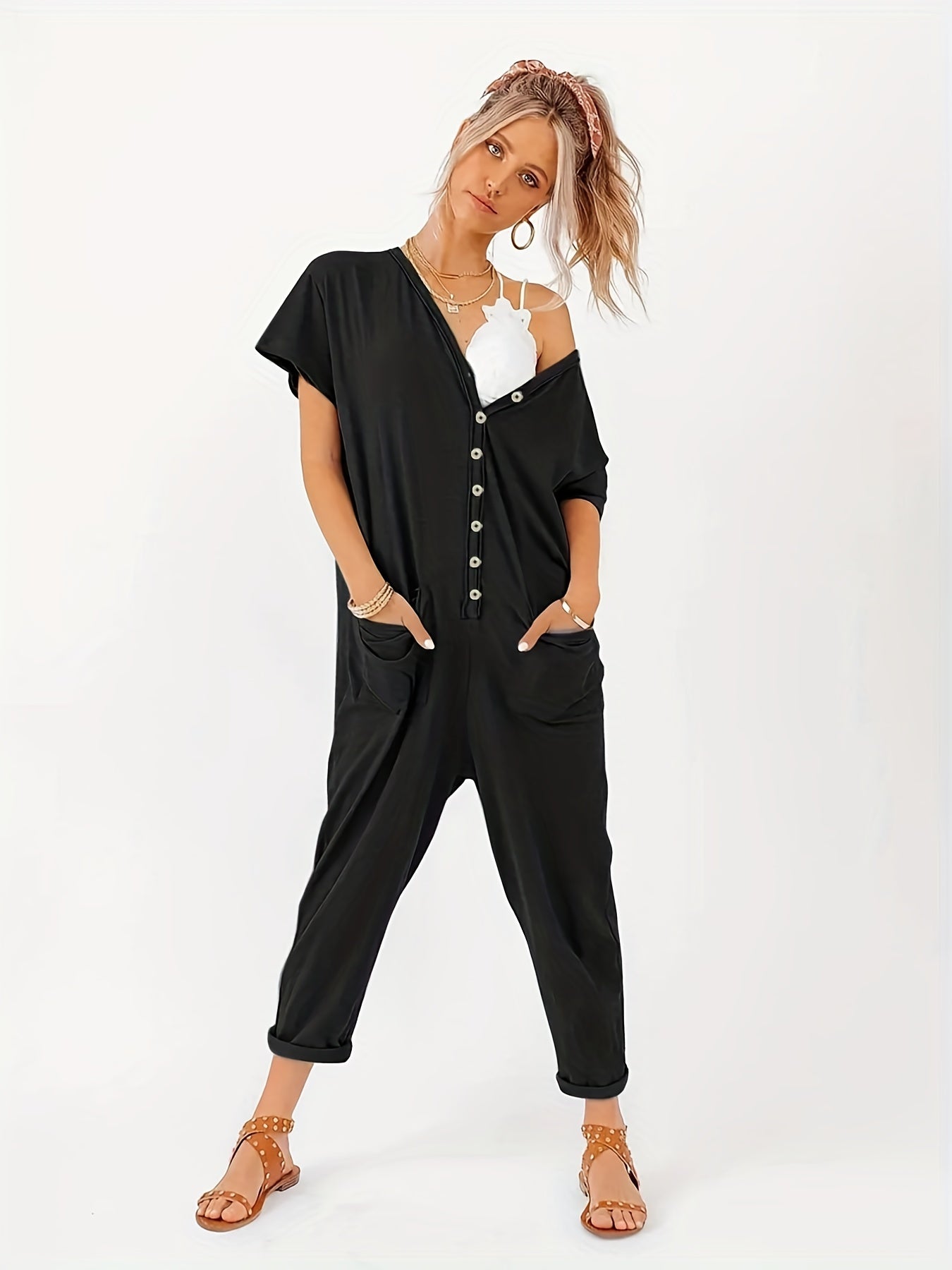Women's Plus Button Up V Neck Short Sleeve Jumpsuit