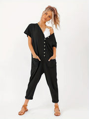 Women's Plus Button Up V Neck Short Sleeve Jumpsuit