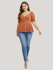  Casual Top Shinny Striped Lantern Sleeve Surplice Neck Stretch Peplum