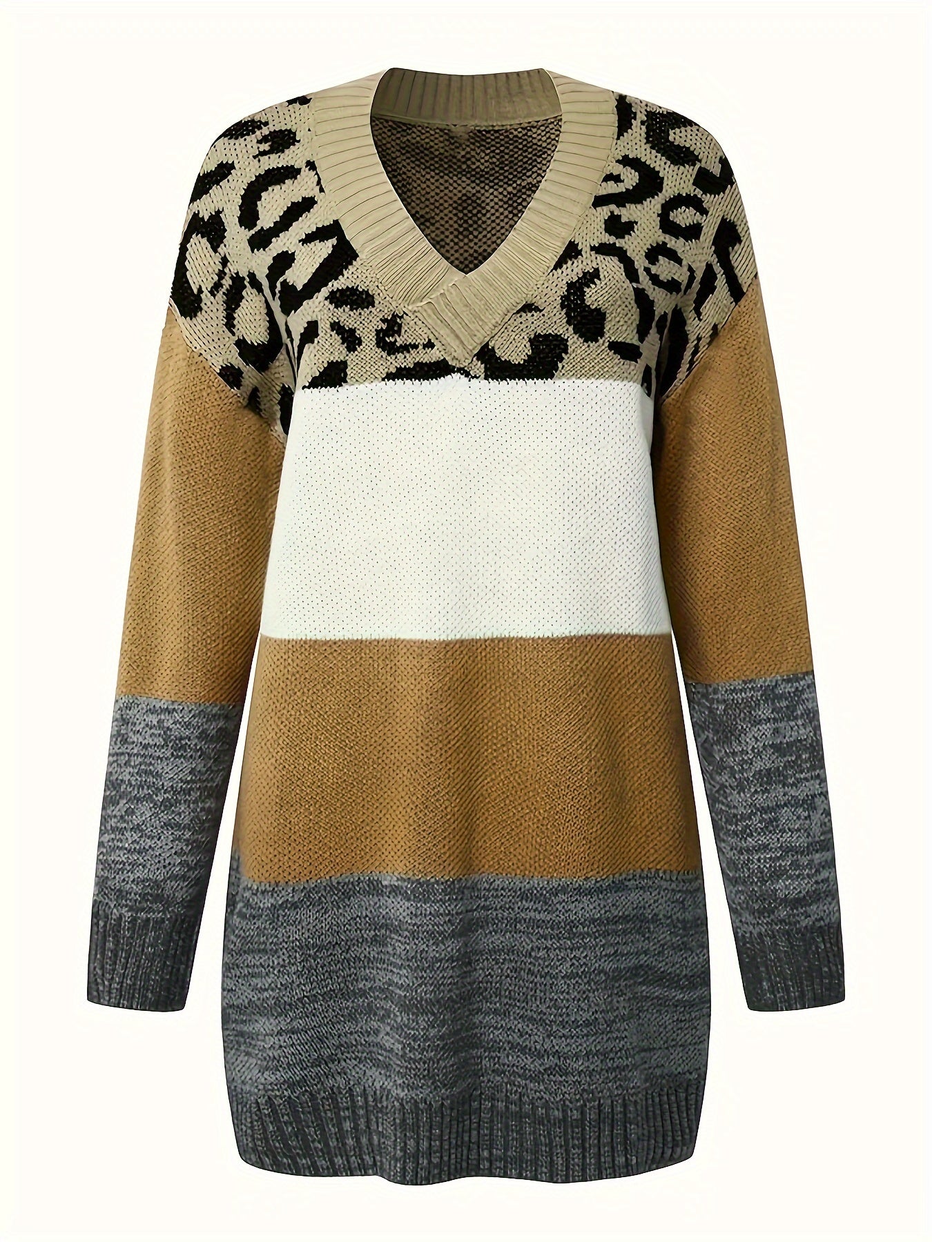  Colorblock Leopard Print V Neck Sweater