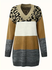  Colorblock Leopard Print V Neck Sweater