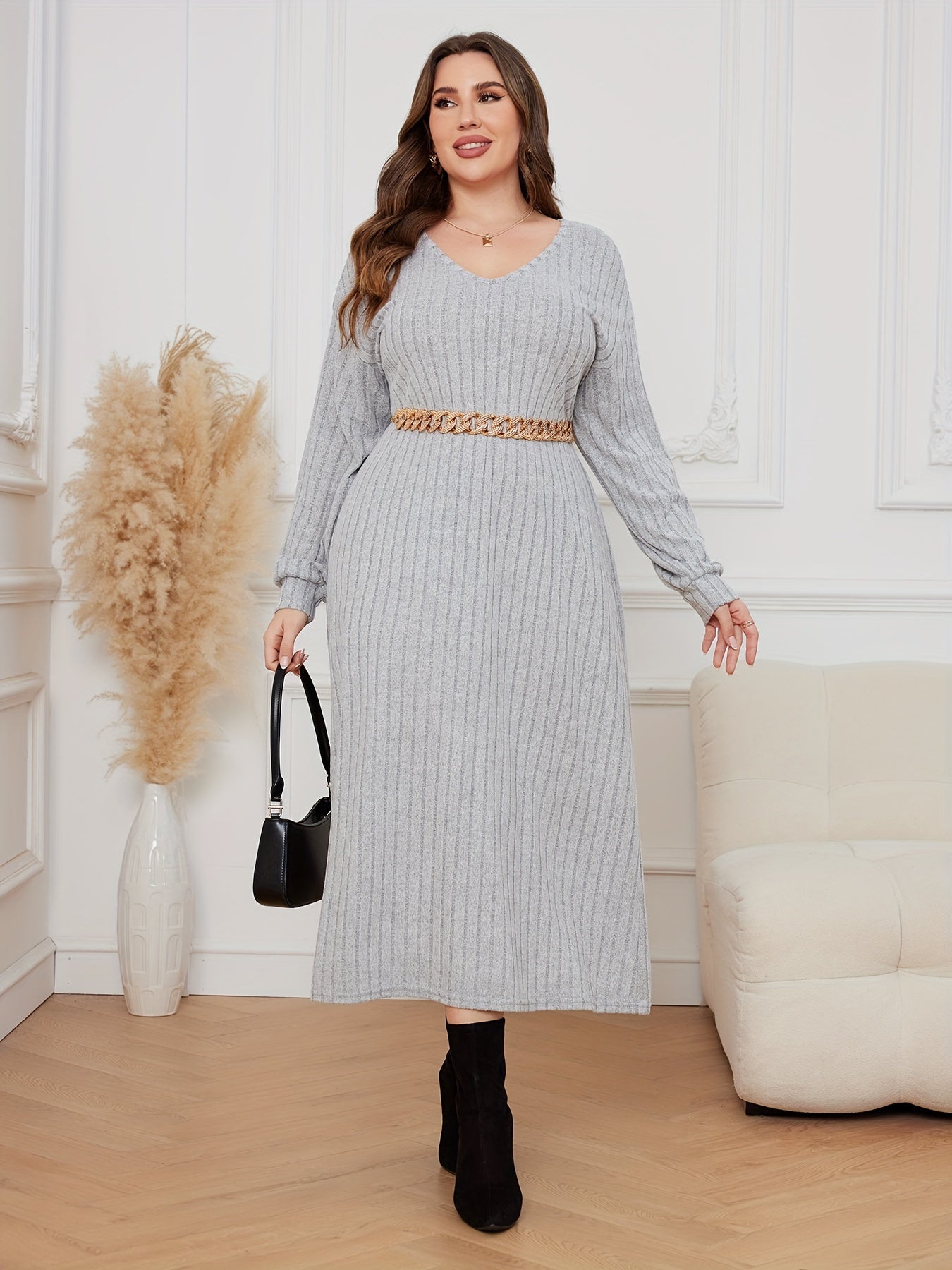  Casual Dress Solid Ribbed Drop Shoulder V Neck Midi Dress