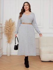  Casual Dress Solid Ribbed Drop Shoulder V Neck Midi Dress