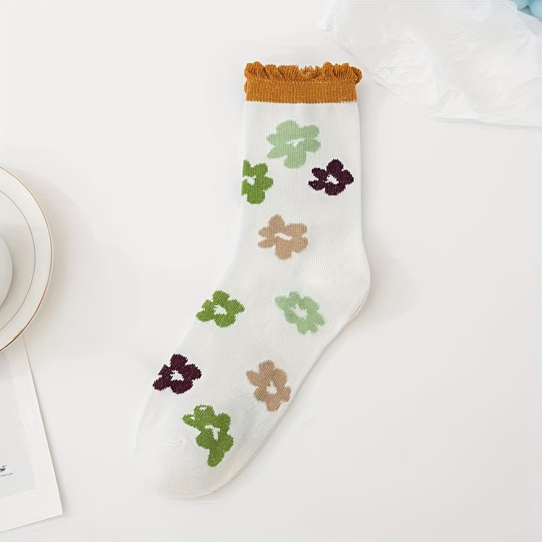 5 Pairs Floral & Bow Print Socks Mid Tube Women's Stockings