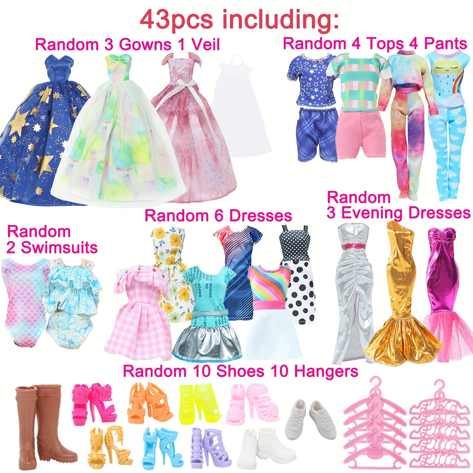 43pcs Doll Clothes Set Princess Wedding Gowns Veil Mermaid
