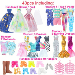 43pcs Doll Clothes Set Princess Wedding Gowns Veil Mermaid