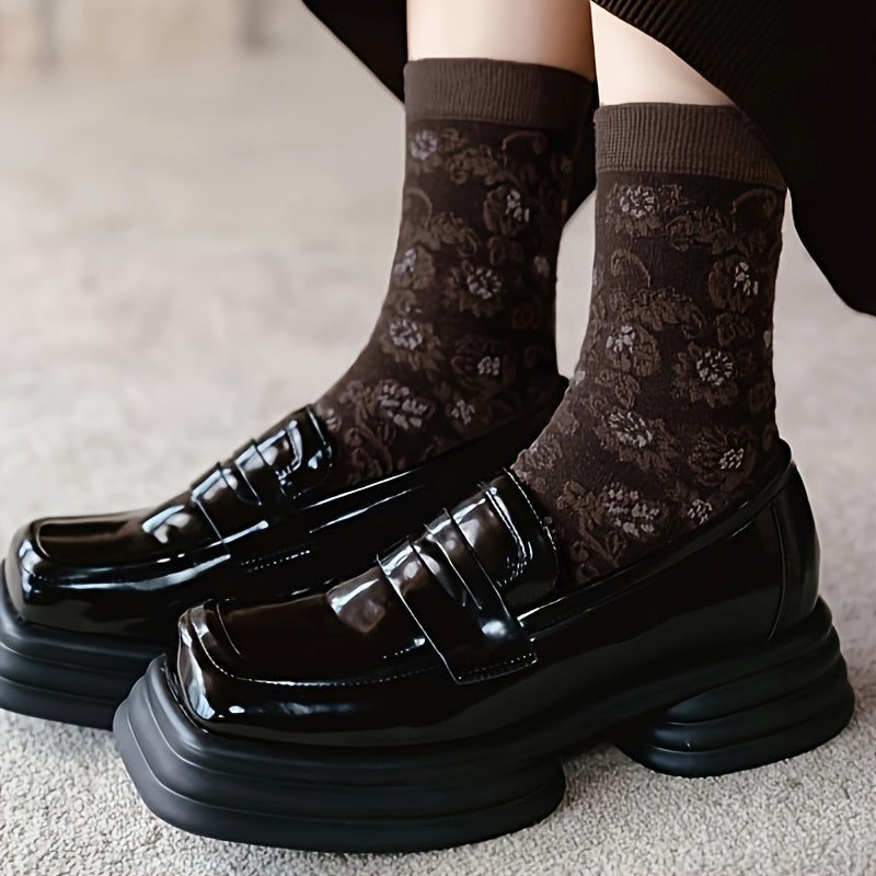 5 Pairs Floral Print Socks Retro Style Textured Women's Stockings
