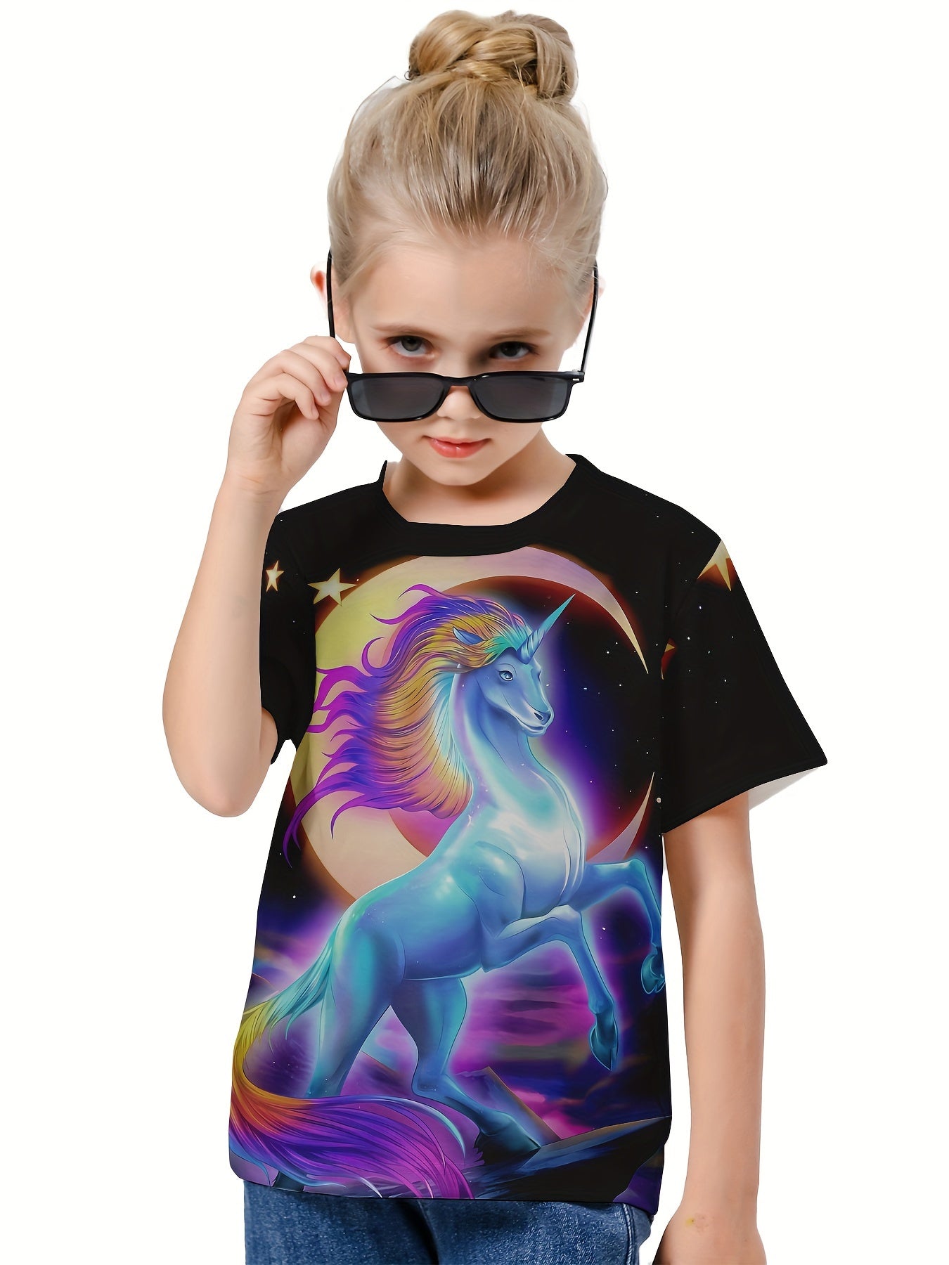 Moon & Unicorn 3D Graphic Tee for Girls - Summer Sports