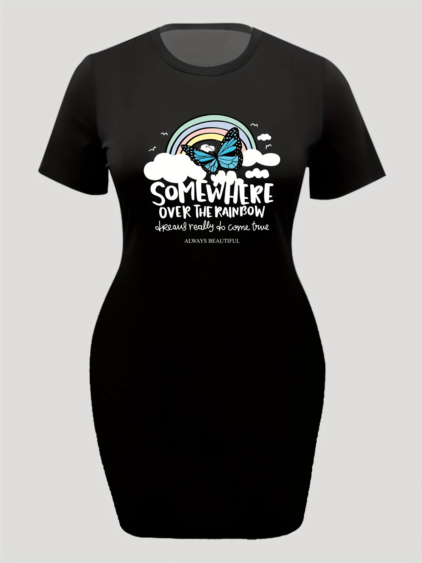  Rainbow Butterfly Slogan Short Sleeve Dress