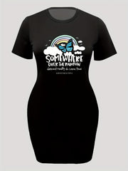  Rainbow Butterfly Slogan Short Sleeve Dress