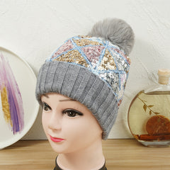 Glitter Sequins Winter Beanie Hat with Faux Fur Pom Pom