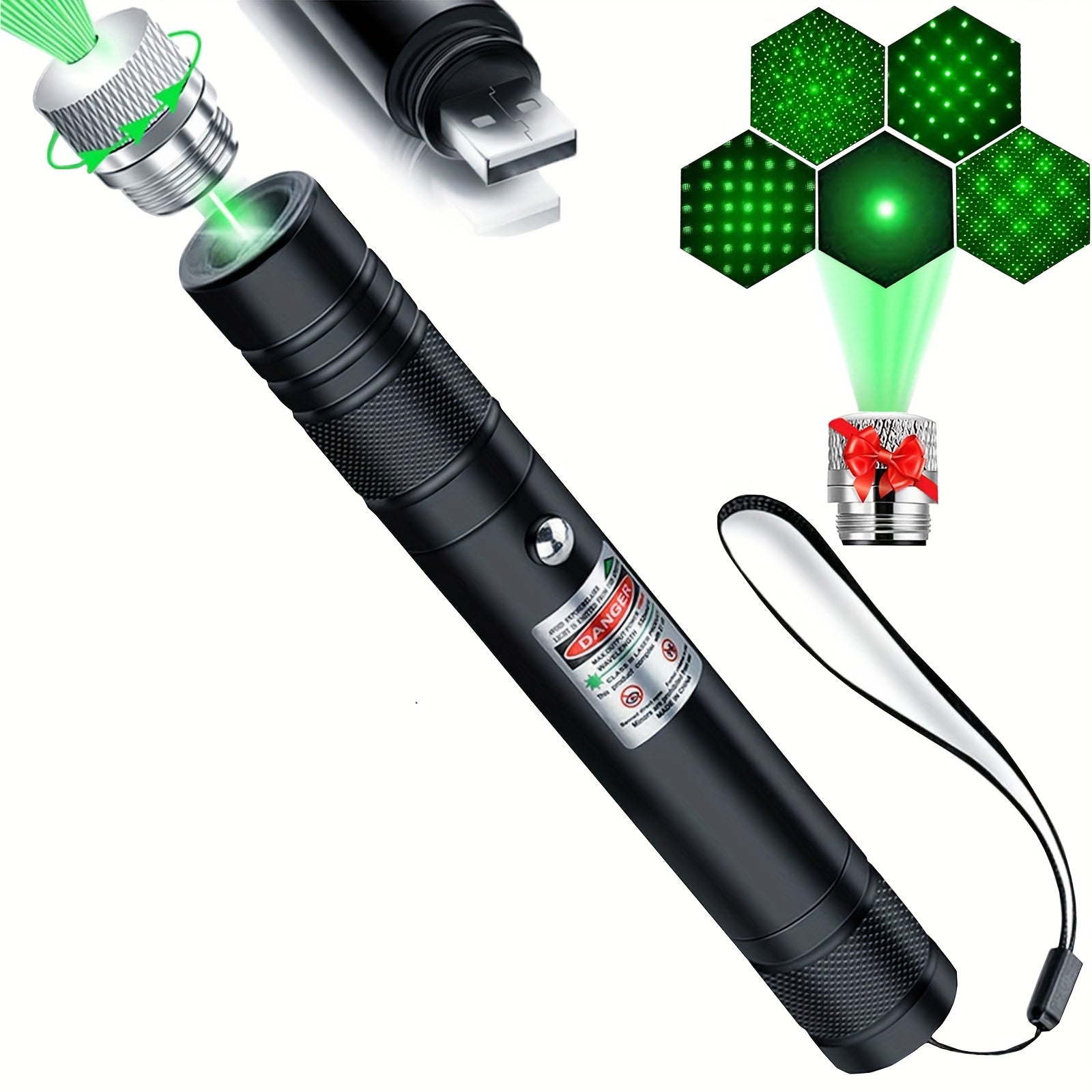 Green Beam Flashlight Laser Pointer USB Rechargeable Cat Toy Star Cap