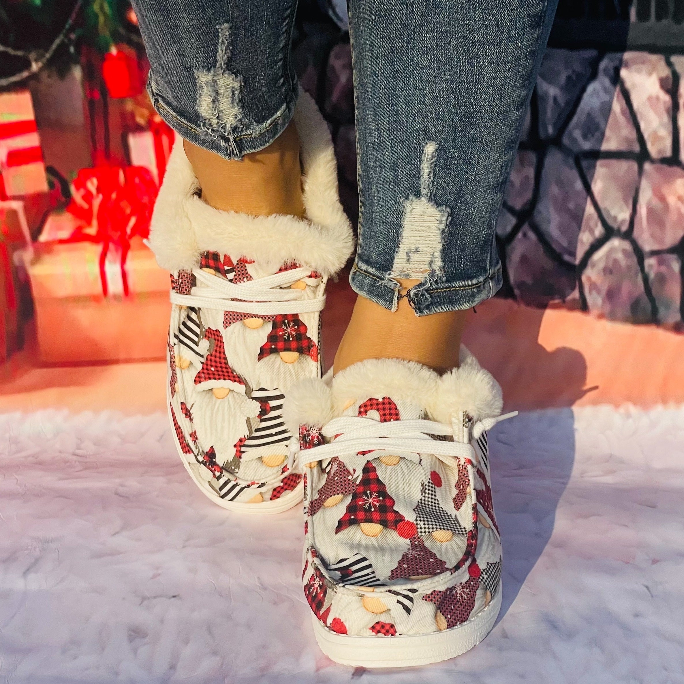 Women's Christmas Red Hat & Dwarf Cartoon Pattern Non slip Round Toe Sneakers