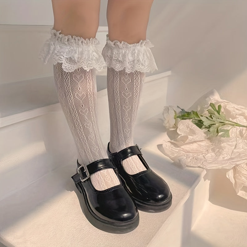 Girls Lace Heart Pattern Knee High Socks