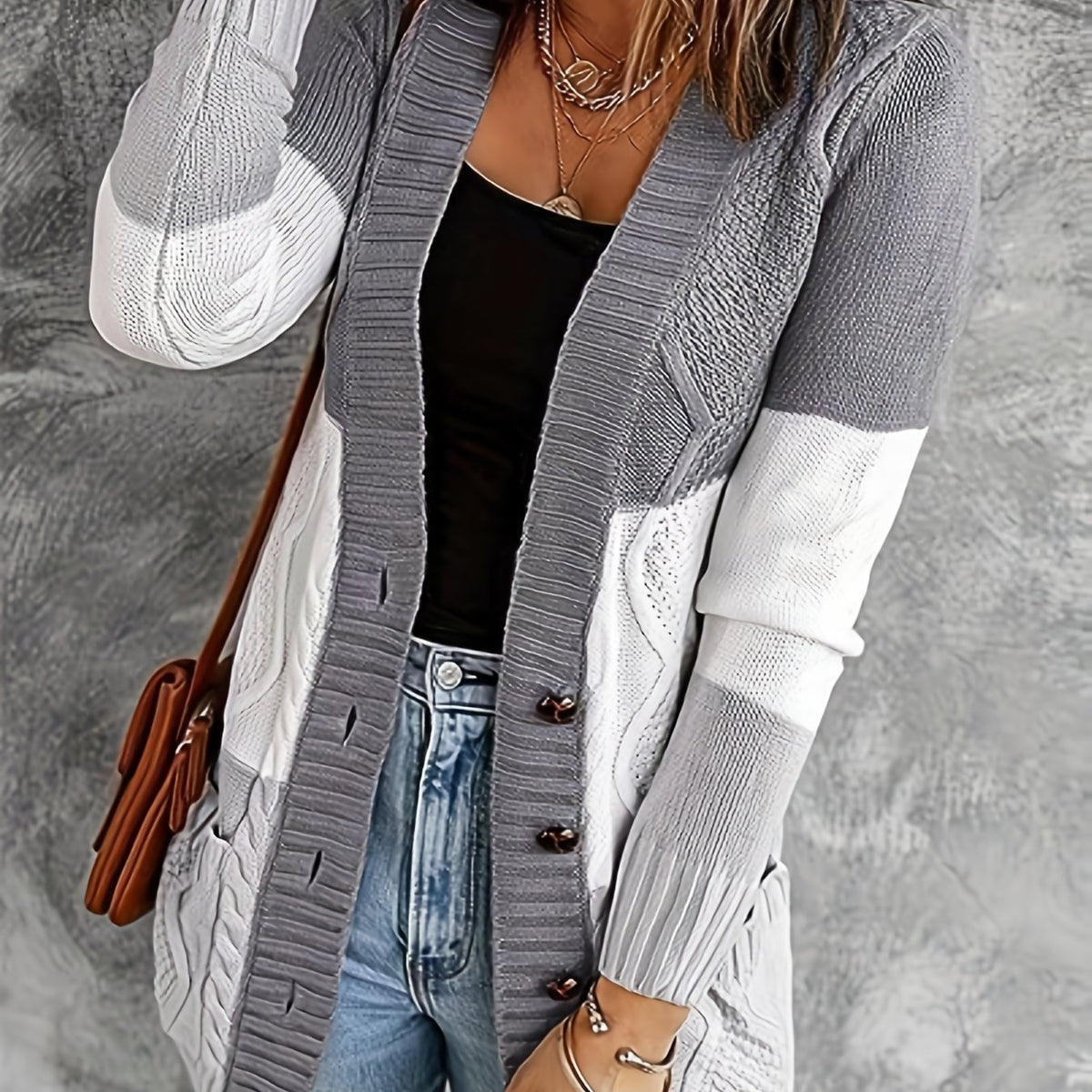  Colorblock Cable Button Up Cardigan with Pockets