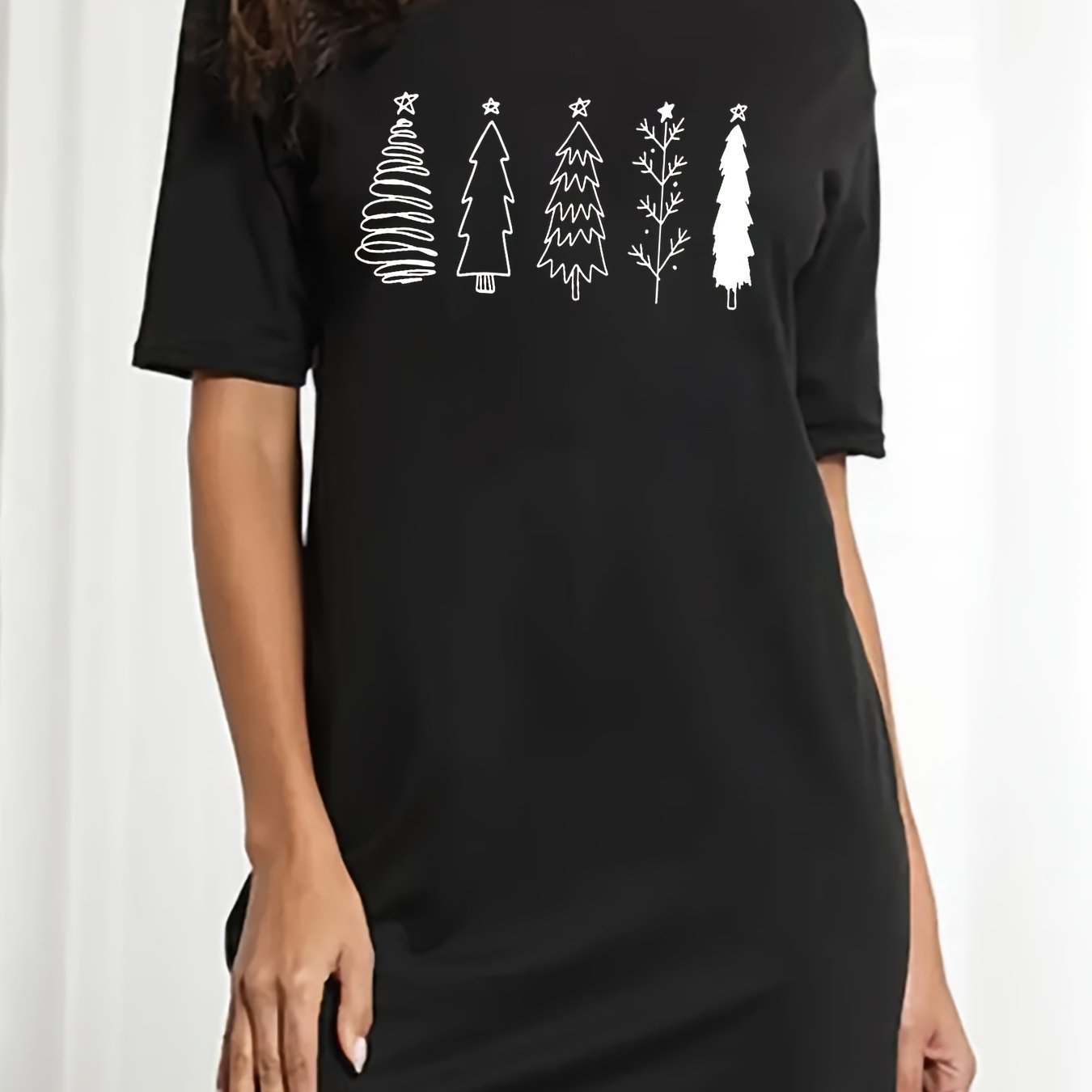  Christmas Tree Print Short Sleeve Tee Dress