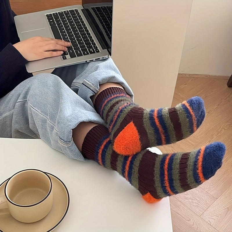 3 Pairs Colorblock Striped Socks - Women's Mid Tube Stockings