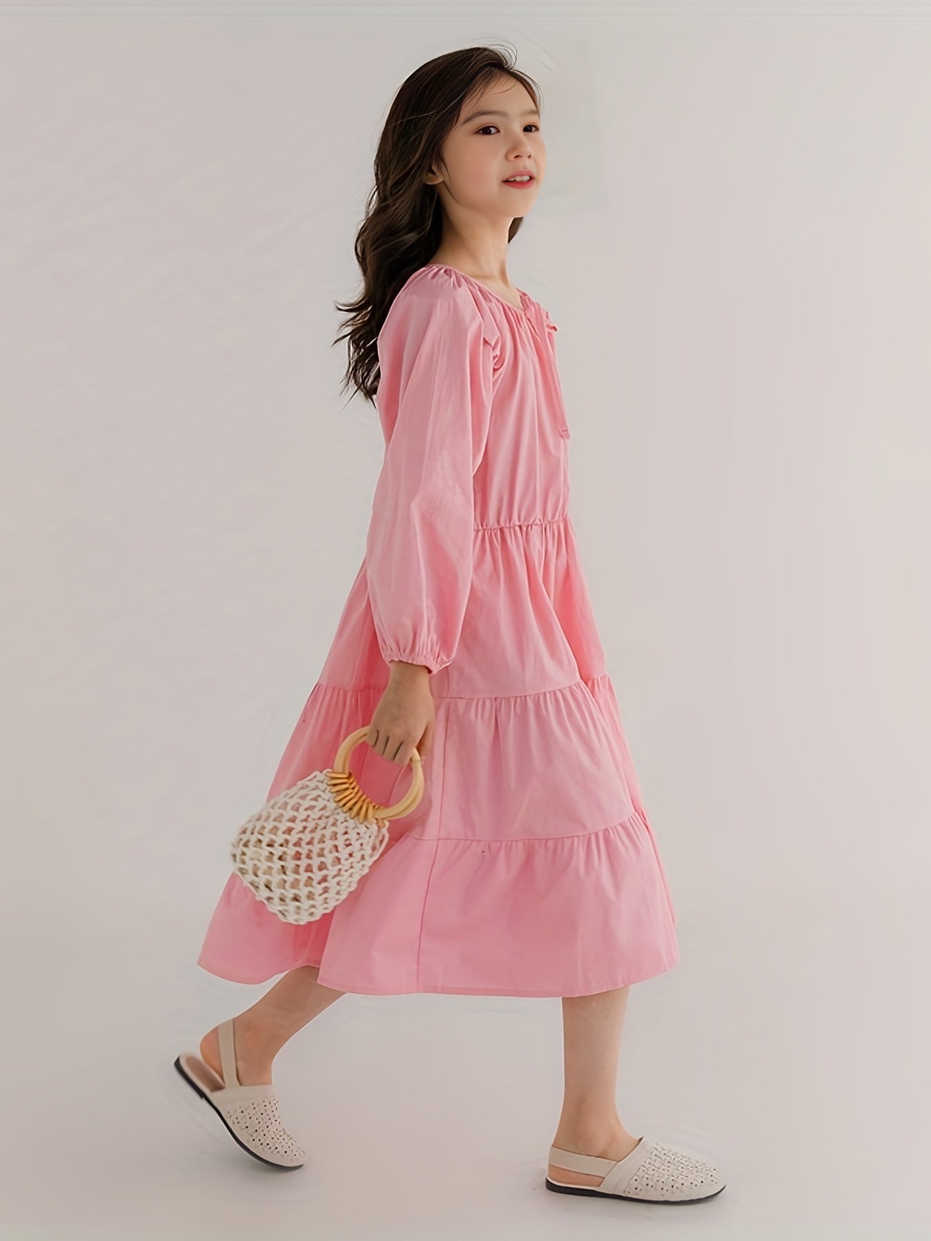 Girl's Solid Cotton One piece Dress Long Sleeve Loose Princess Dress