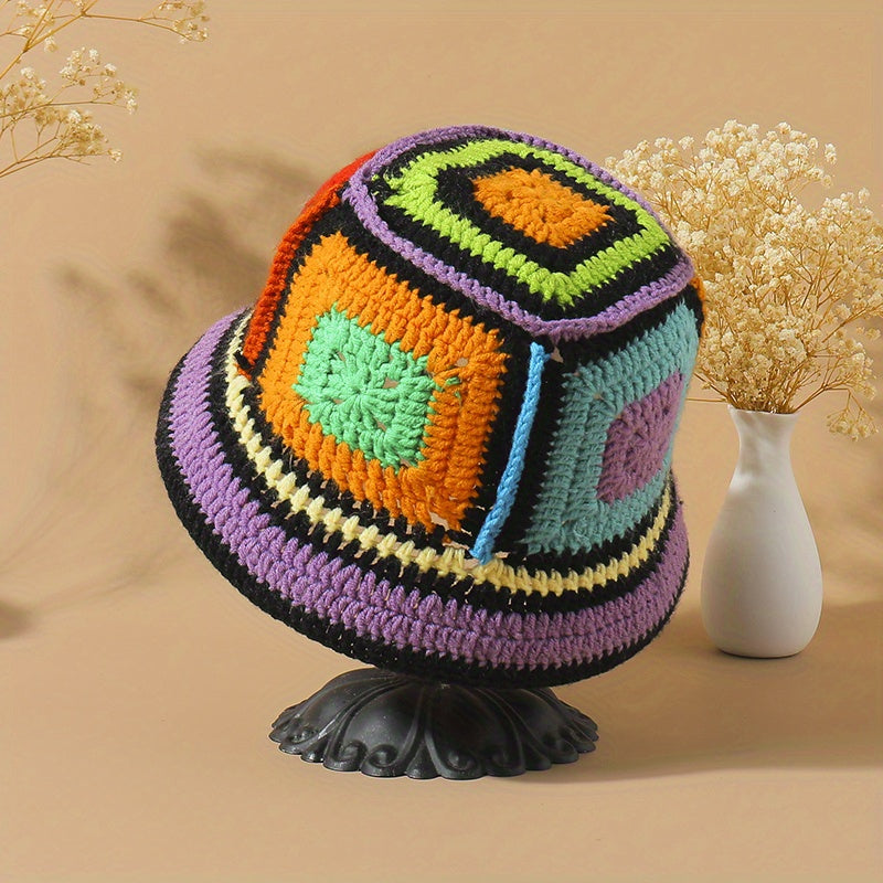 Classic Block Bucket Hats Hollow Crochet Cloche Hats Vintage Beanie