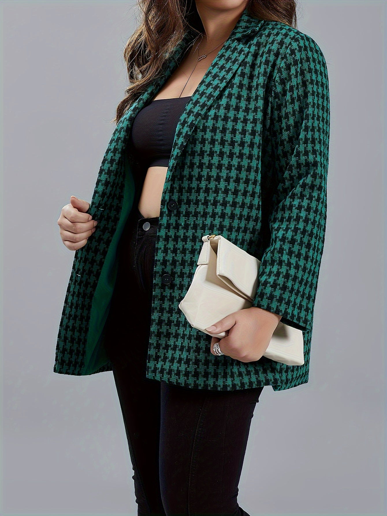  Houndstooth Print Long Sleeve Blazer