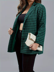  Houndstooth Print Long Sleeve Blazer